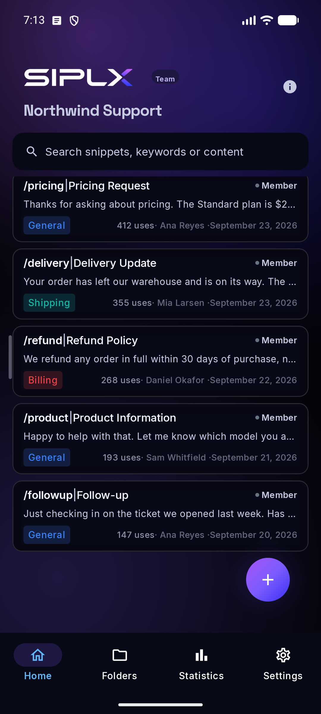 The SIPLX library on Android showing a team workspace named Northwind Support, with five shared snippets: /pricing, /delivery, /refund, /product and /followup, each with the member who last edited it.