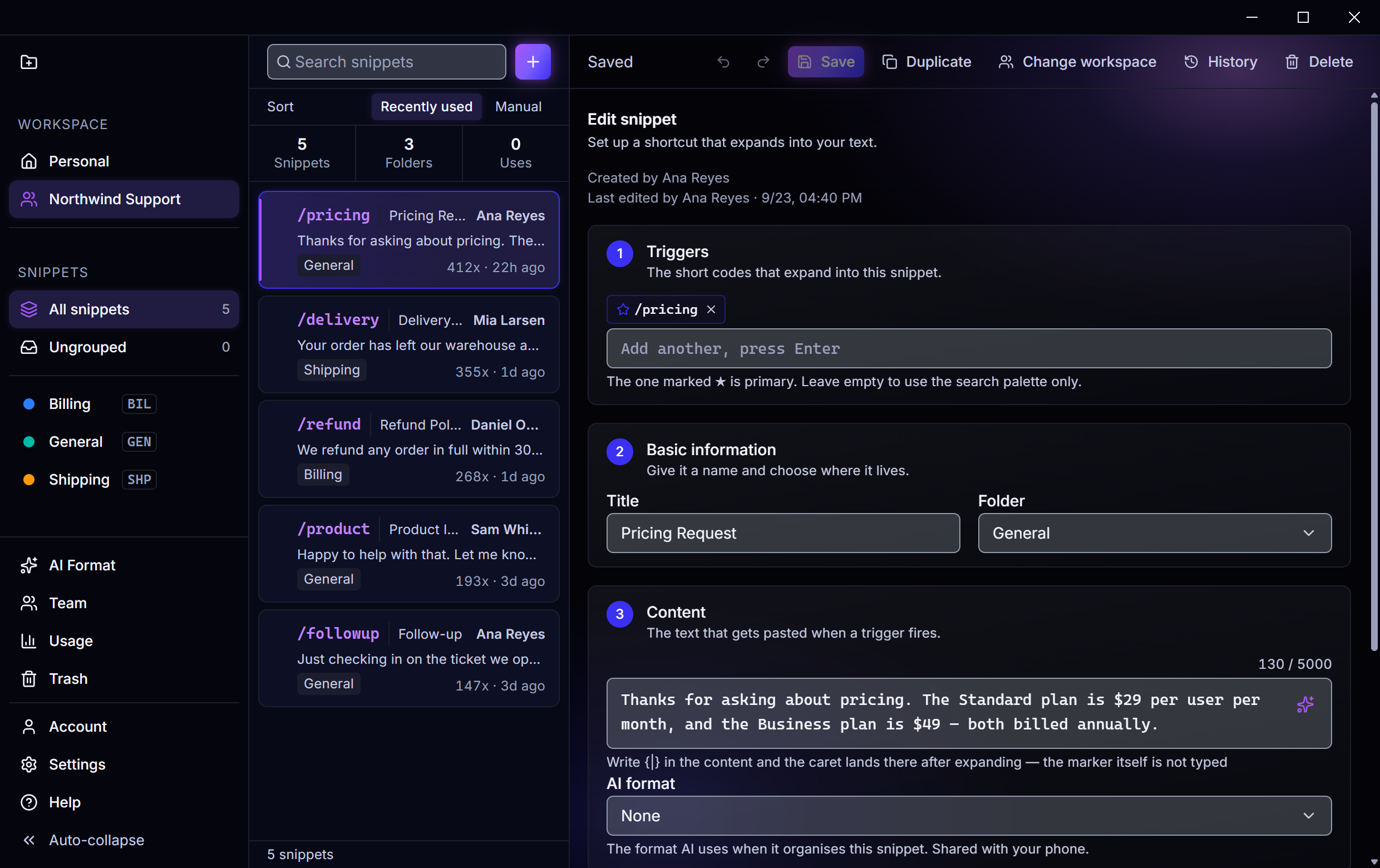 The SIPLX library on Windows, showing a team workspace with the shared snippets /pricing, /delivery, /refund, /product and /followup, and the editor open on one of them.